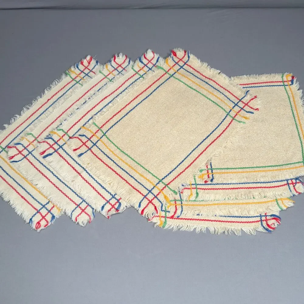 VINTAGE Tan Woven Frayed Edge 4 Placemats & 4 Matching Napkin Set
